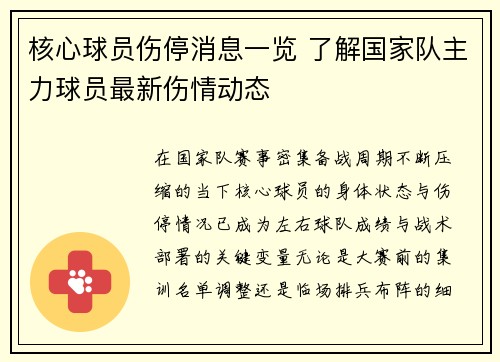 核心球员伤停消息一览 了解国家队主力球员最新伤情动态