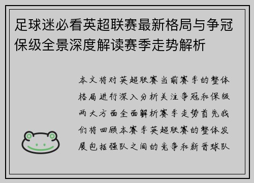 足球迷必看英超联赛最新格局与争冠保级全景深度解读赛季走势解析